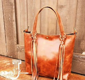 Genuine Leather Bucket Handbag w/ Braided Tassel Fringe