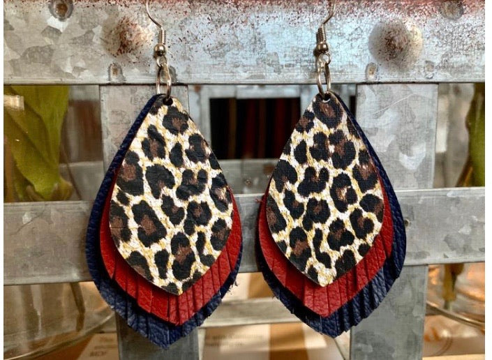 Leopard red navy stack earrings