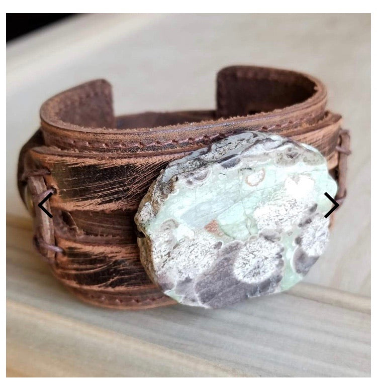 Brown Ocean Agate on Dusty Leather Cuff
