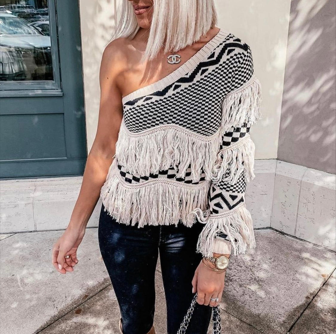 Fringe one shoulder sweater new arrivals