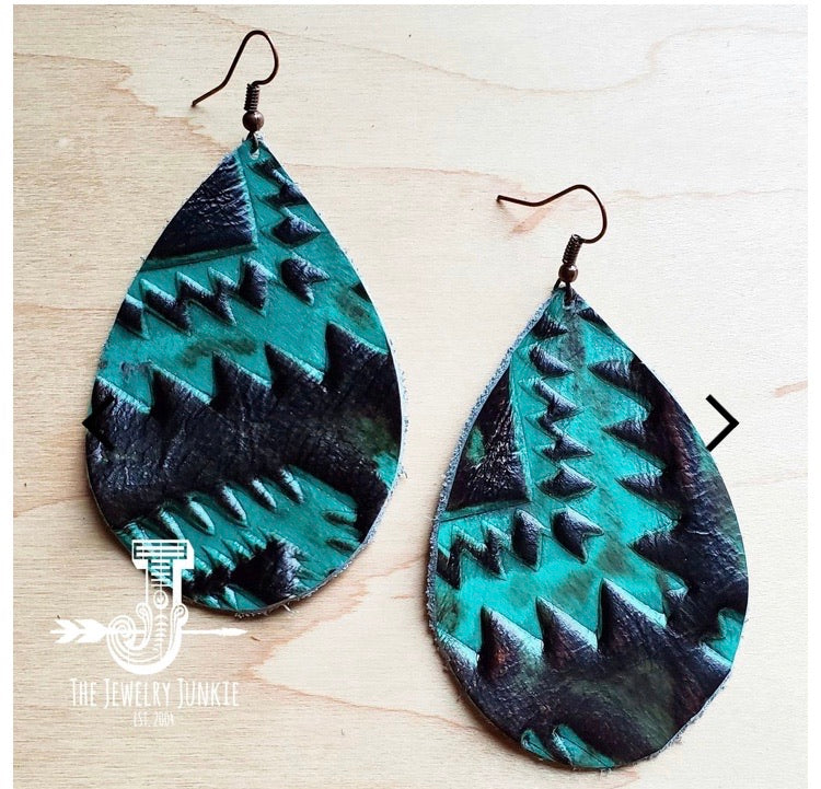 Leather Teardrop Earring-Turquoise Aztec