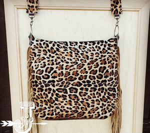 Tejas Leather Bucket Leopard Handbag with Tan Fringe