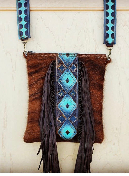 Hair-On-Hide w/ Blue Navajo Center Crossbody Handbag