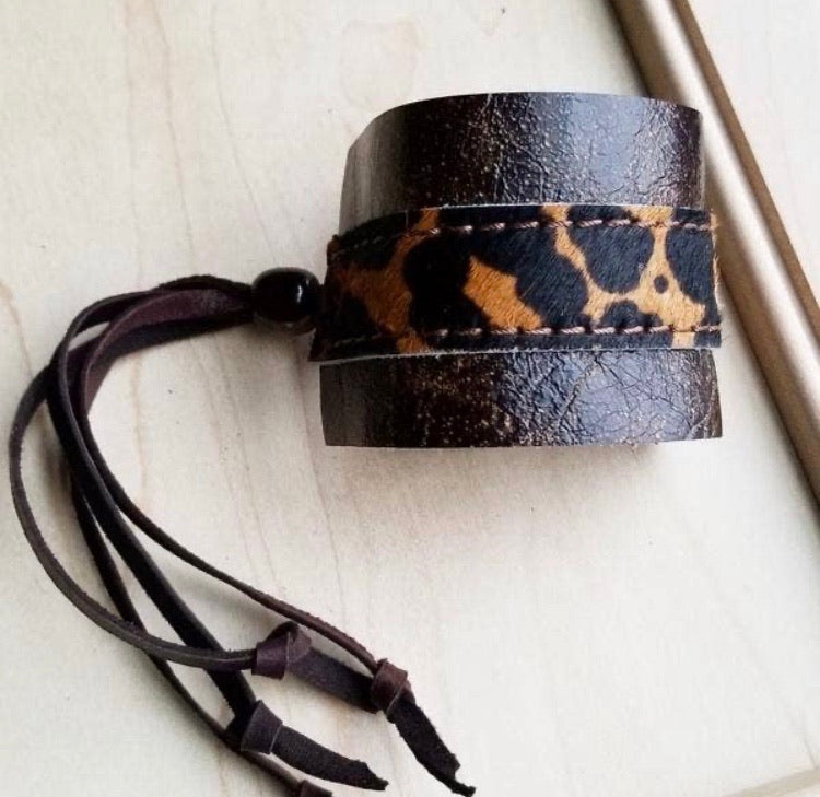 The Leather Cuff w/ Adjustable Leather Leopard Hair on Hide