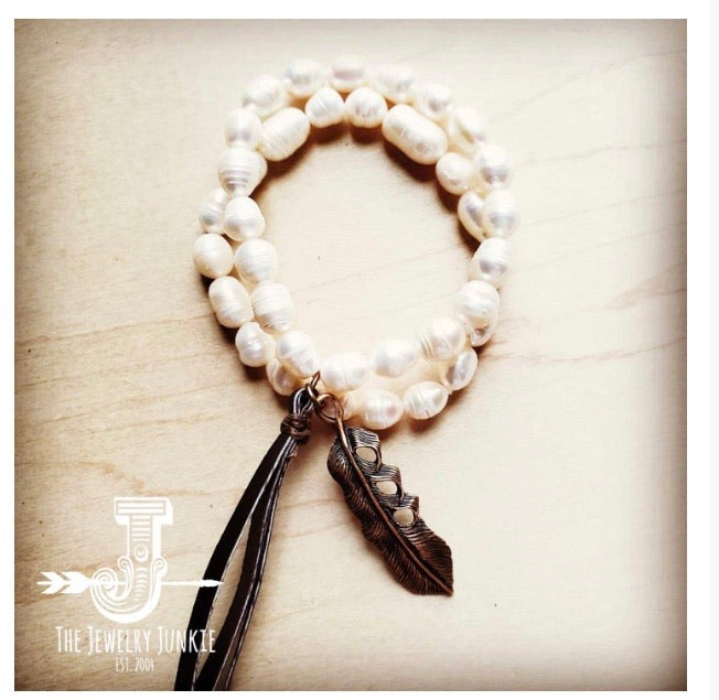 › Double Strand GENUINE PEARL Bracelet With COPPER FEATHER