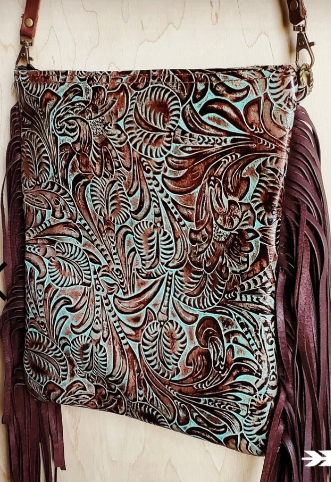 Embossed Leather Turquoise Brown Floral Crossbody Handbag