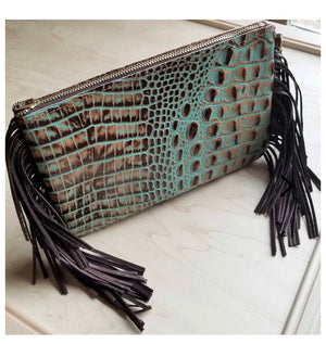 Turquoise and brown leather gator clutch / crossbody