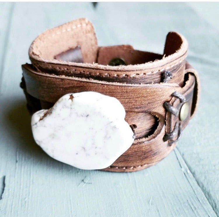 Chunky White Turquoise on Dusty Leather Cuff