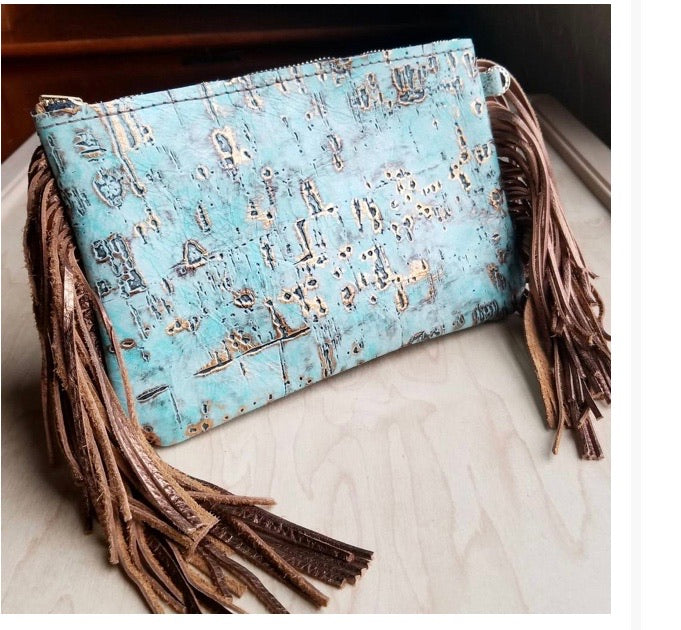 Turquoise Metallic Leather Clutch Handbag