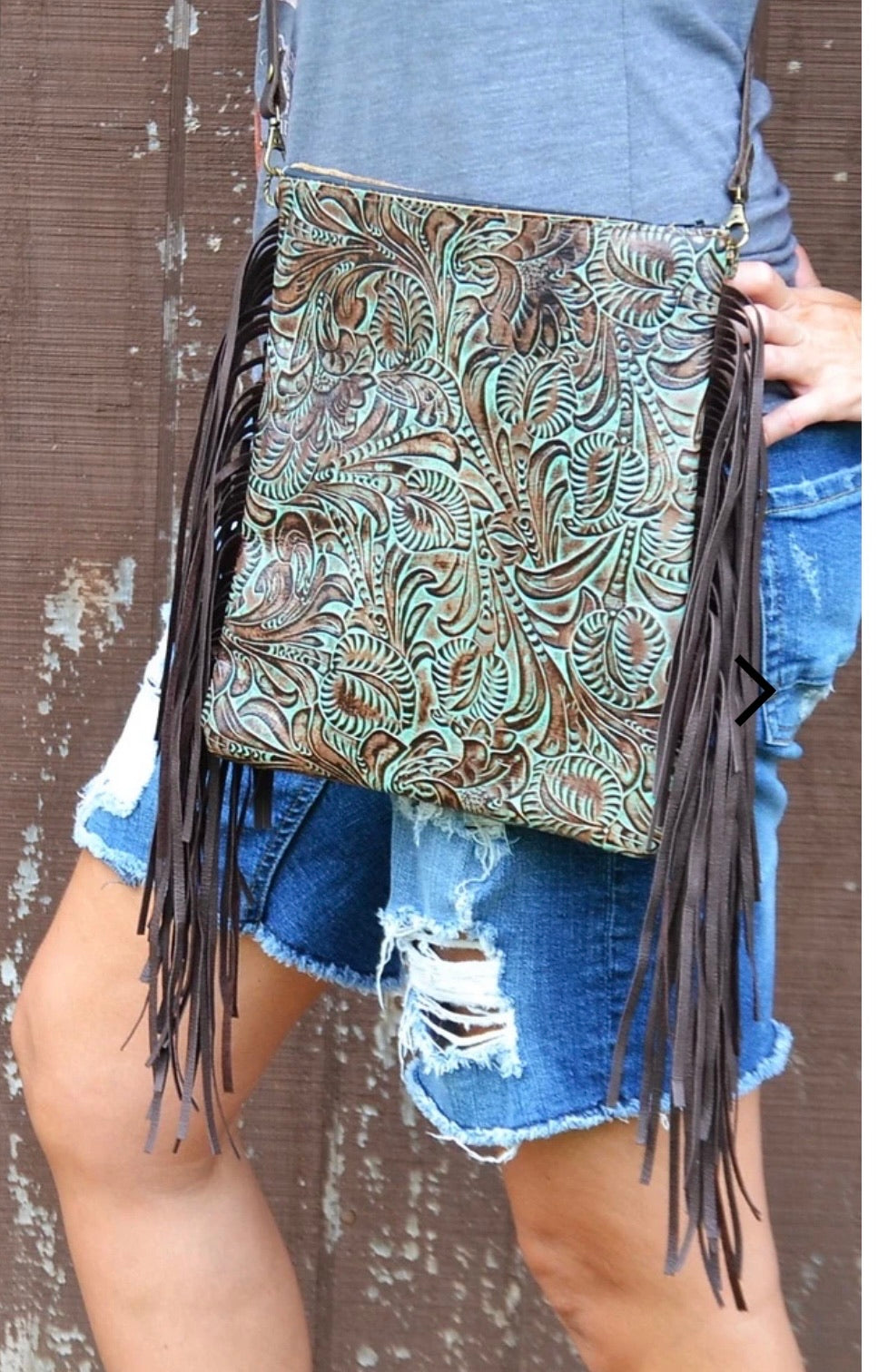 Embossed Leather Turquoise Brown Floral Crossbody Handbag