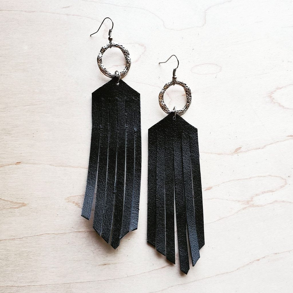 Leather Fringe Earrings Black