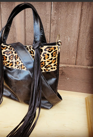 Tejas Leather Bucket Hide Handbag with Leopard