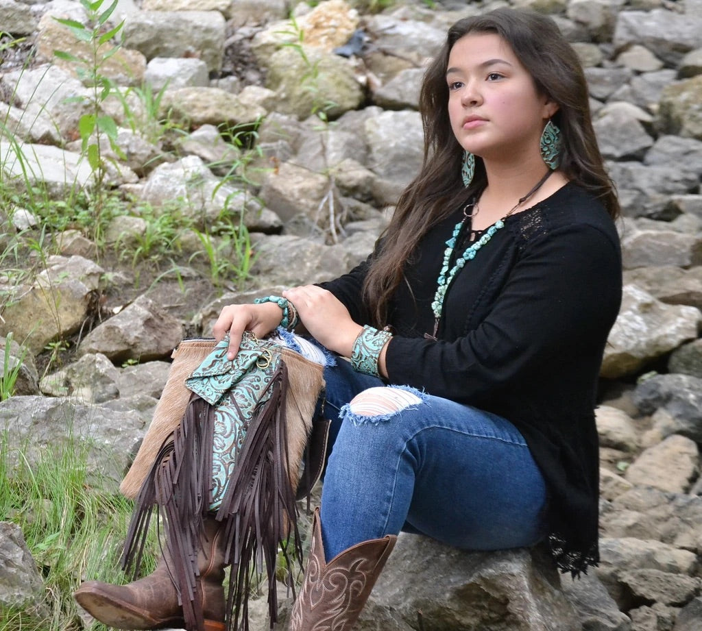 Hair-on-Hide w/ Center Cowboy Turquoise Crossbody Handbag