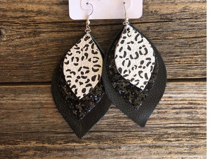 White leopard triple layer glitter earrings