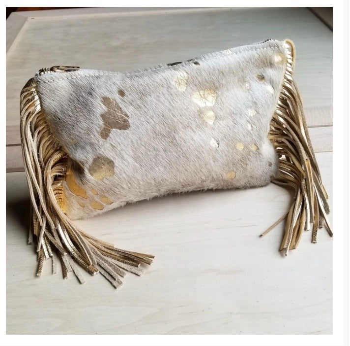Cream and gold metallic hair on hide leather clutch handbag